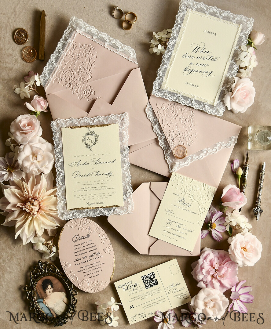 WEDDING INVITATIONS vintage lace/ rustic lace Lace Wedding invitation Embossed 