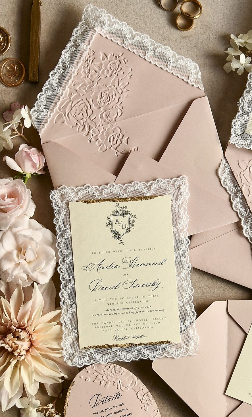 WEDDING INVITATIONS vintage lace/ rustic lace Lace Wedding invitation Embossed 