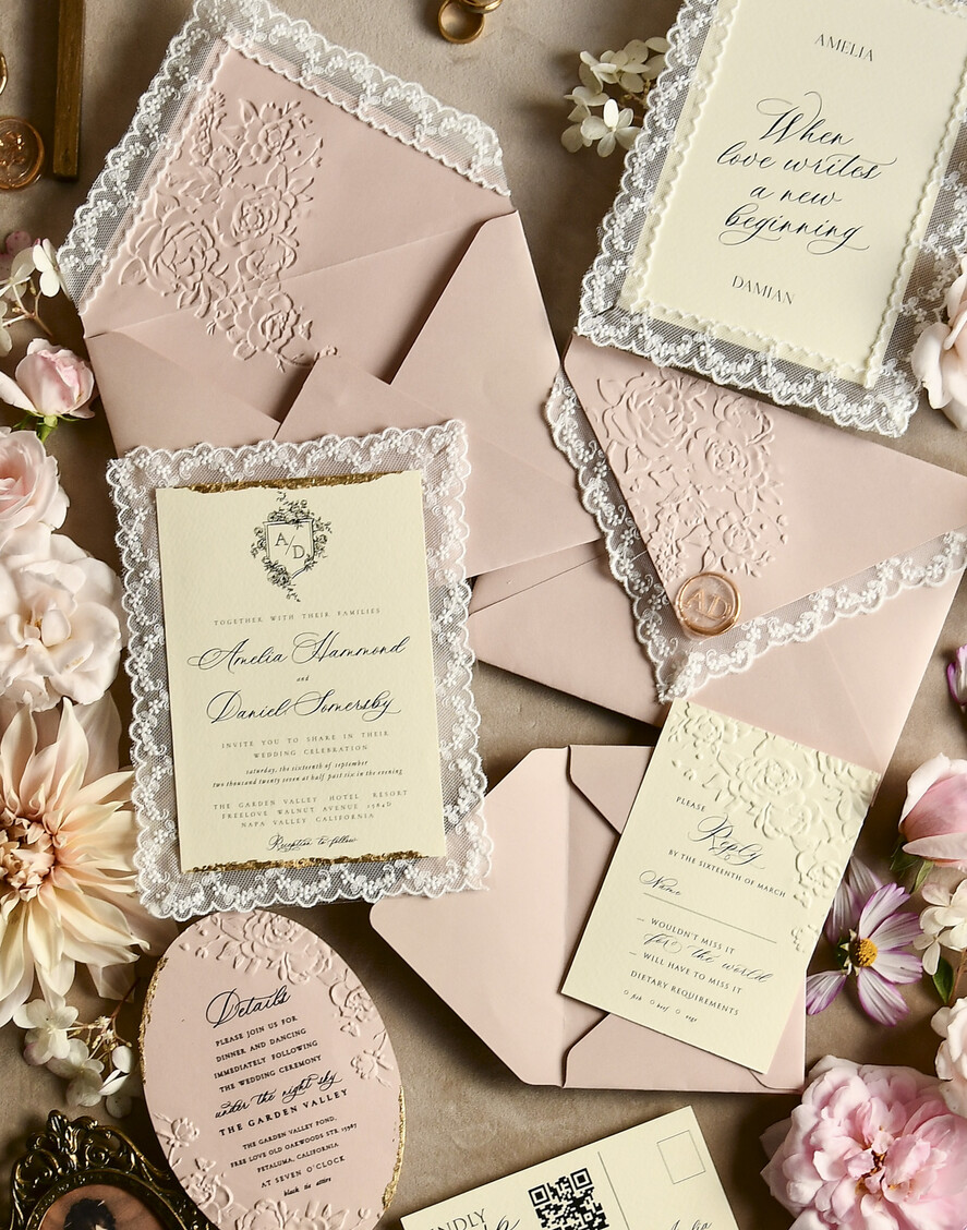 WEDDING INVITATIONS vintage lace/ rustic lace Lace Wedding invitation Embossed 