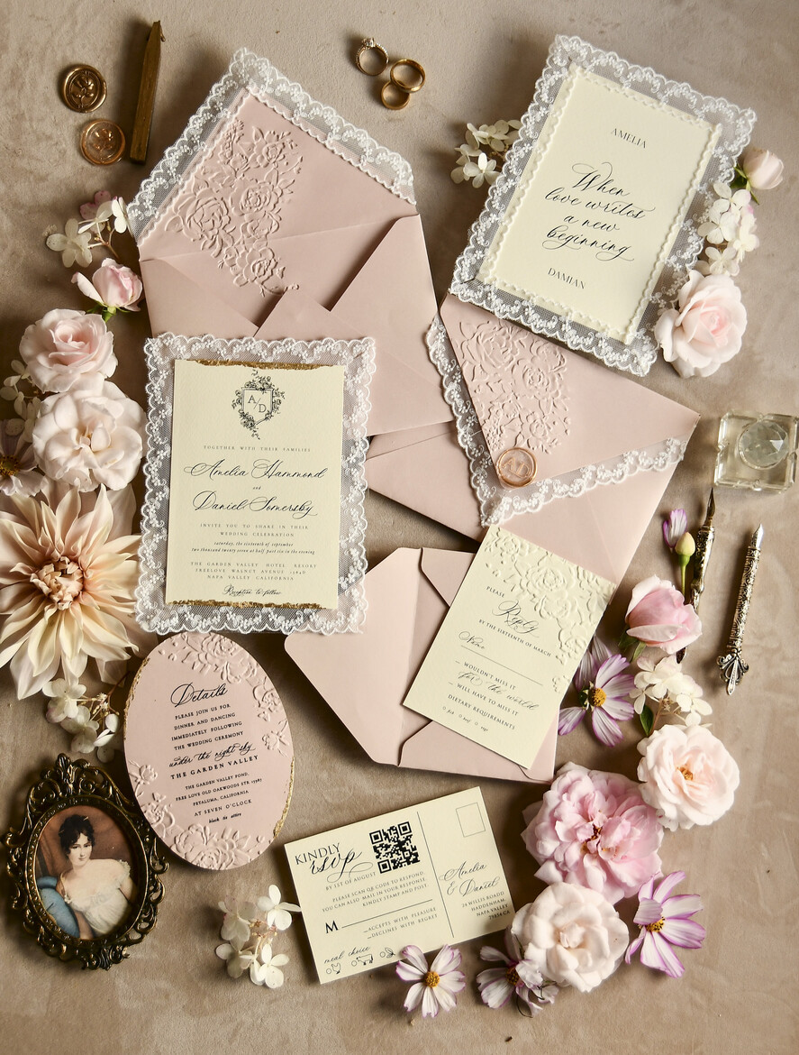 WEDDING INVITATIONS vintage lace/ rustic lace Lace Wedding invitation Embossed 