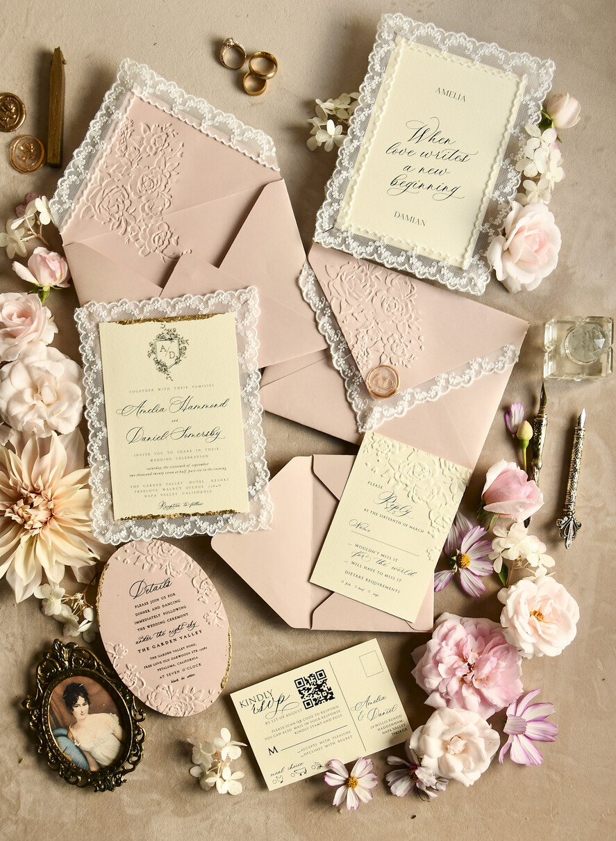 WEDDING INVITATIONS vintage lace/ rustic lace Lace Wedding invitation Embossed 
