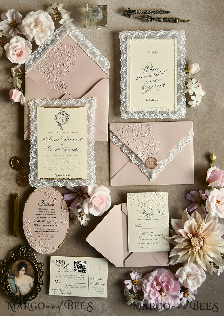 WEDDING INVITATIONS vintage lace/ rustic lace Lace Wedding invitation Embossed 