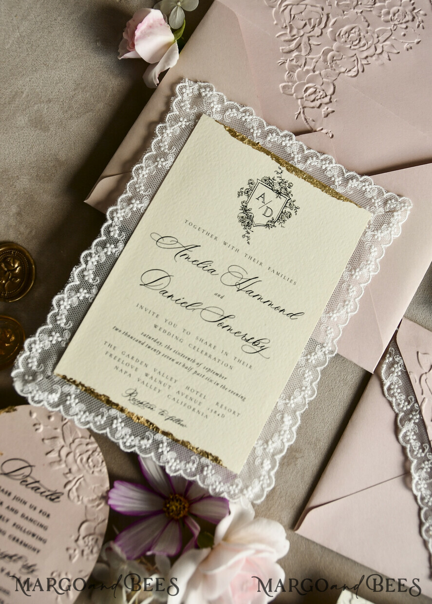 WEDDING INVITATIONS vintage lace/ rustic lace Lace Wedding invitation Embossed 