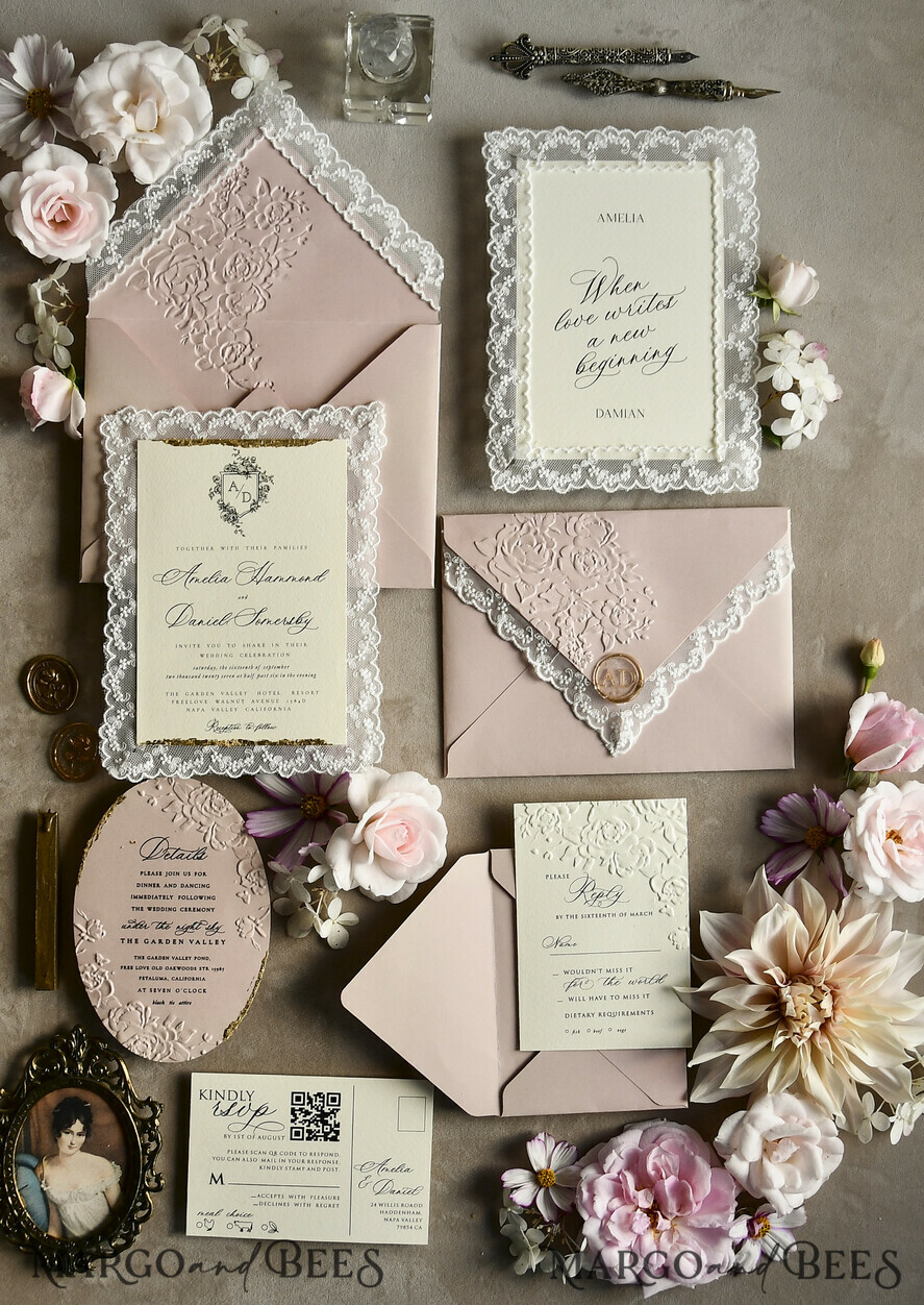WEDDING INVITATIONS vintage lace/ rustic lace Lace Wedding invitation Embossed 