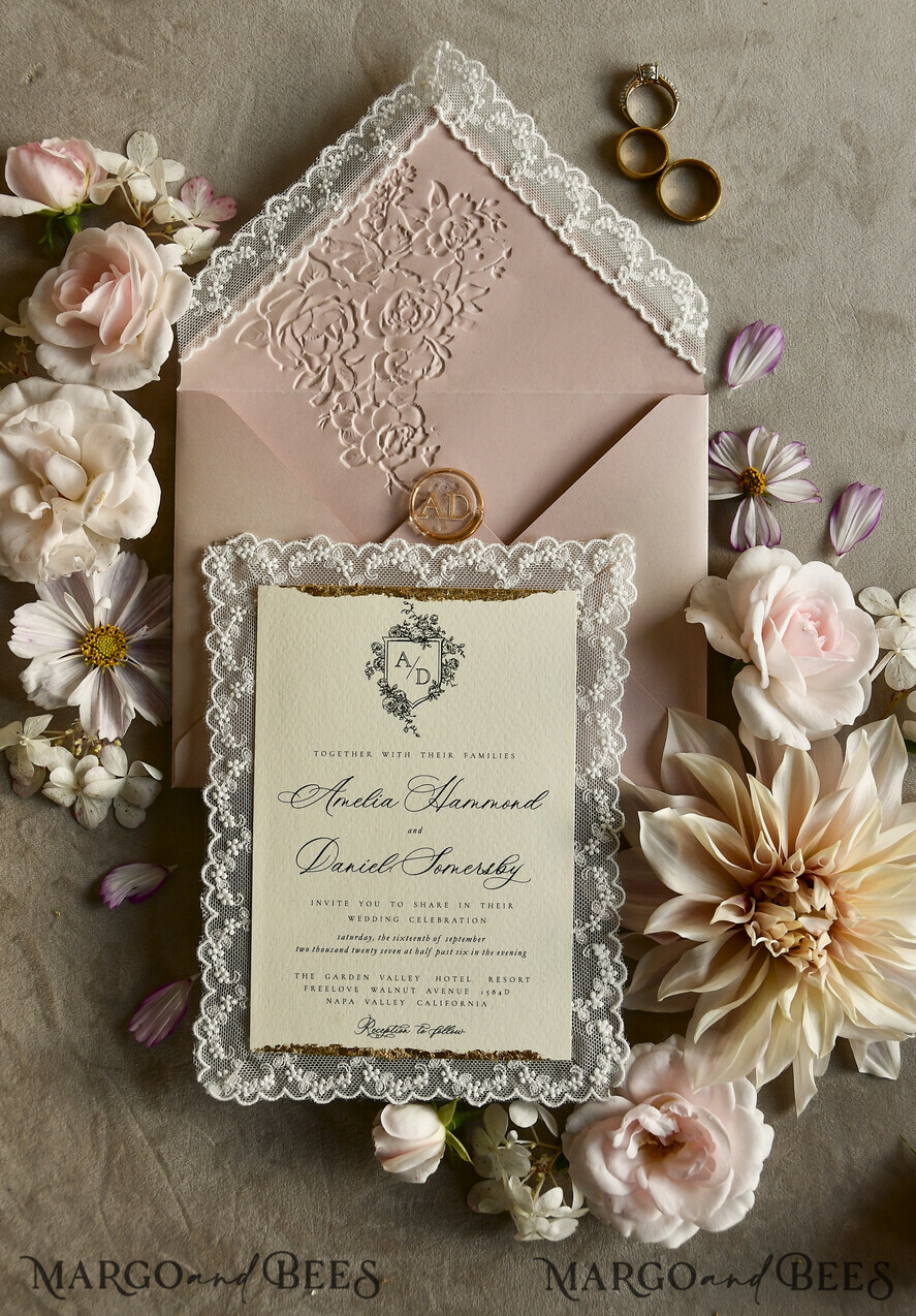 WEDDING INVITATIONS vintage lace/ rustic lace Lace Wedding invitation Embossed 