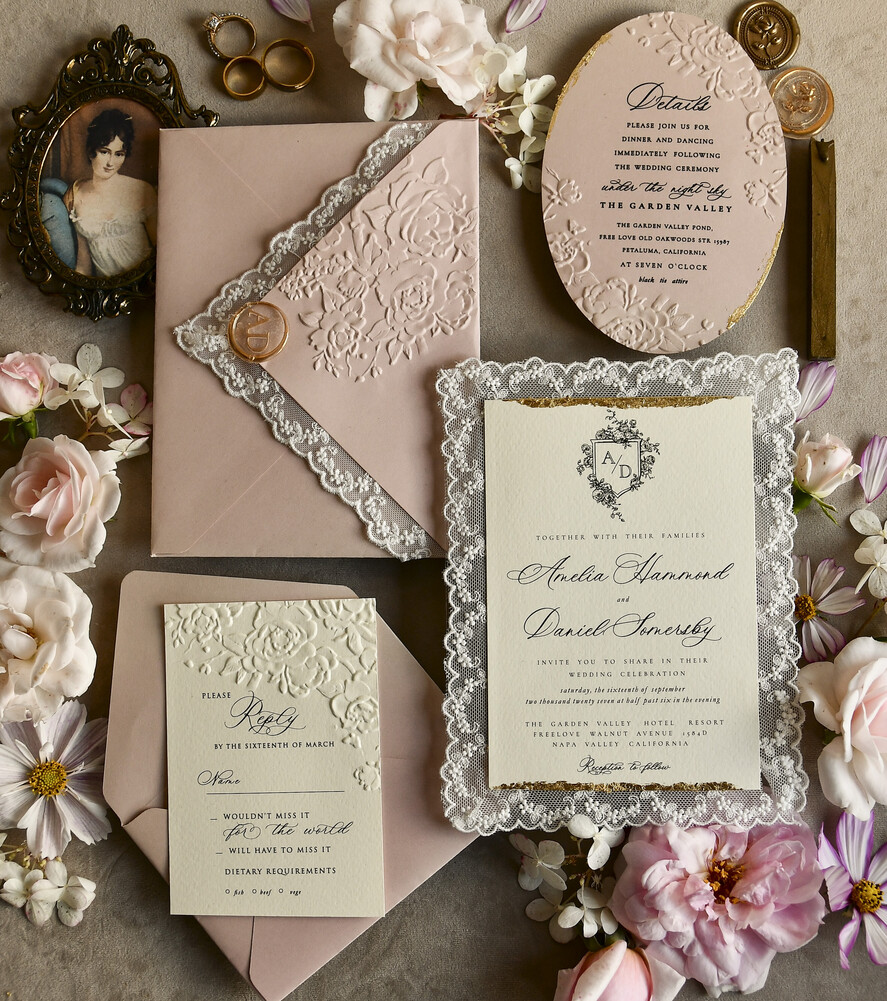 WEDDING INVITATIONS vintage lace/ rustic lace Lace Wedding invitation Embossed 