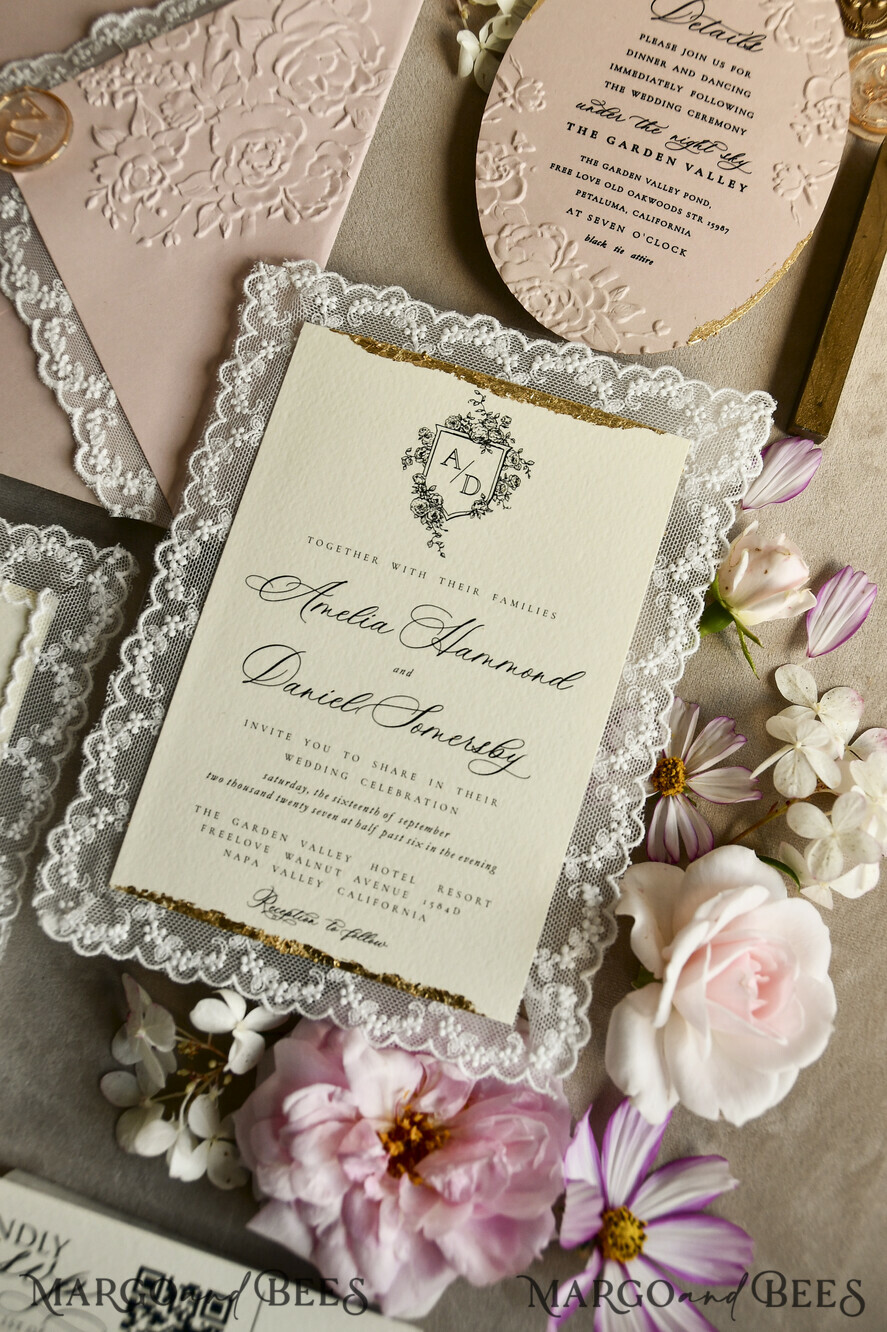 WEDDING INVITATIONS vintage lace/ rustic lace Lace Wedding invitation Embossed 
