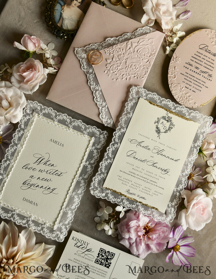 WEDDING INVITATIONS vintage lace/ rustic lace Lace Wedding invitation Embossed 
