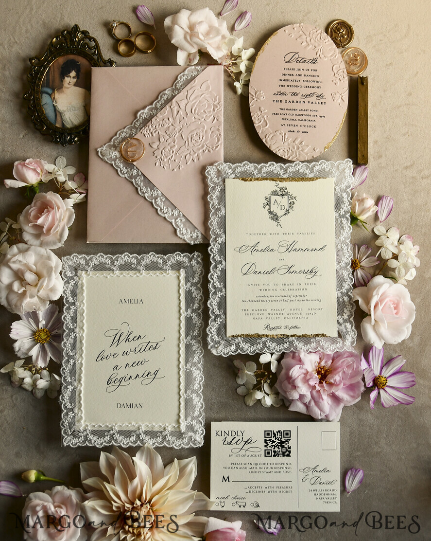 WEDDING INVITATIONS vintage lace/ rustic lace Lace Wedding invitation Embossed 
