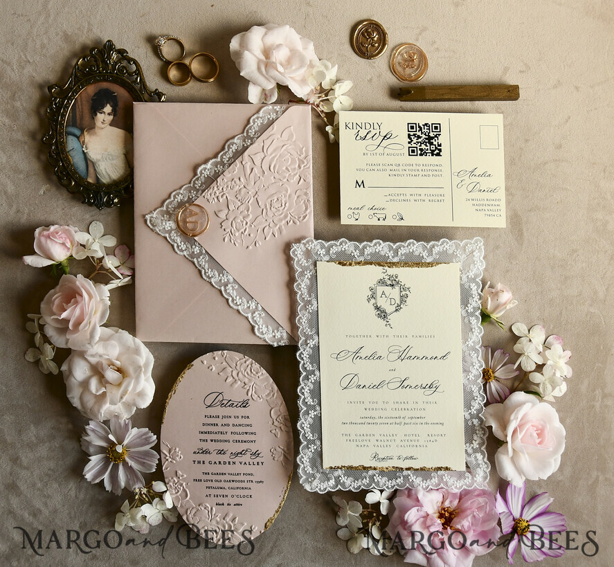 WEDDING INVITATIONS vintage lace/ rustic lace Lace Wedding invitation Embossed 
