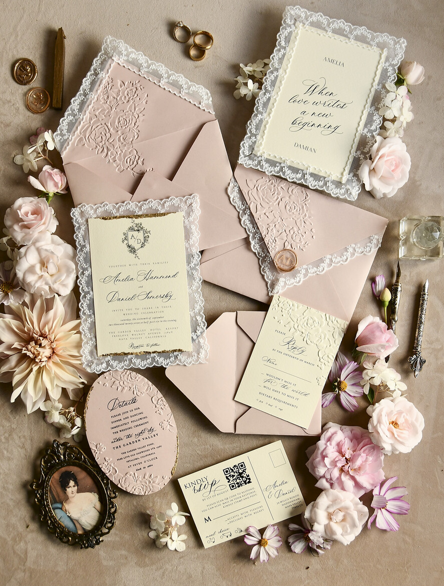 WEDDING INVITATIONS vintage lace/ rustic lace Lace Wedding invitation Embossed Modern Romance
