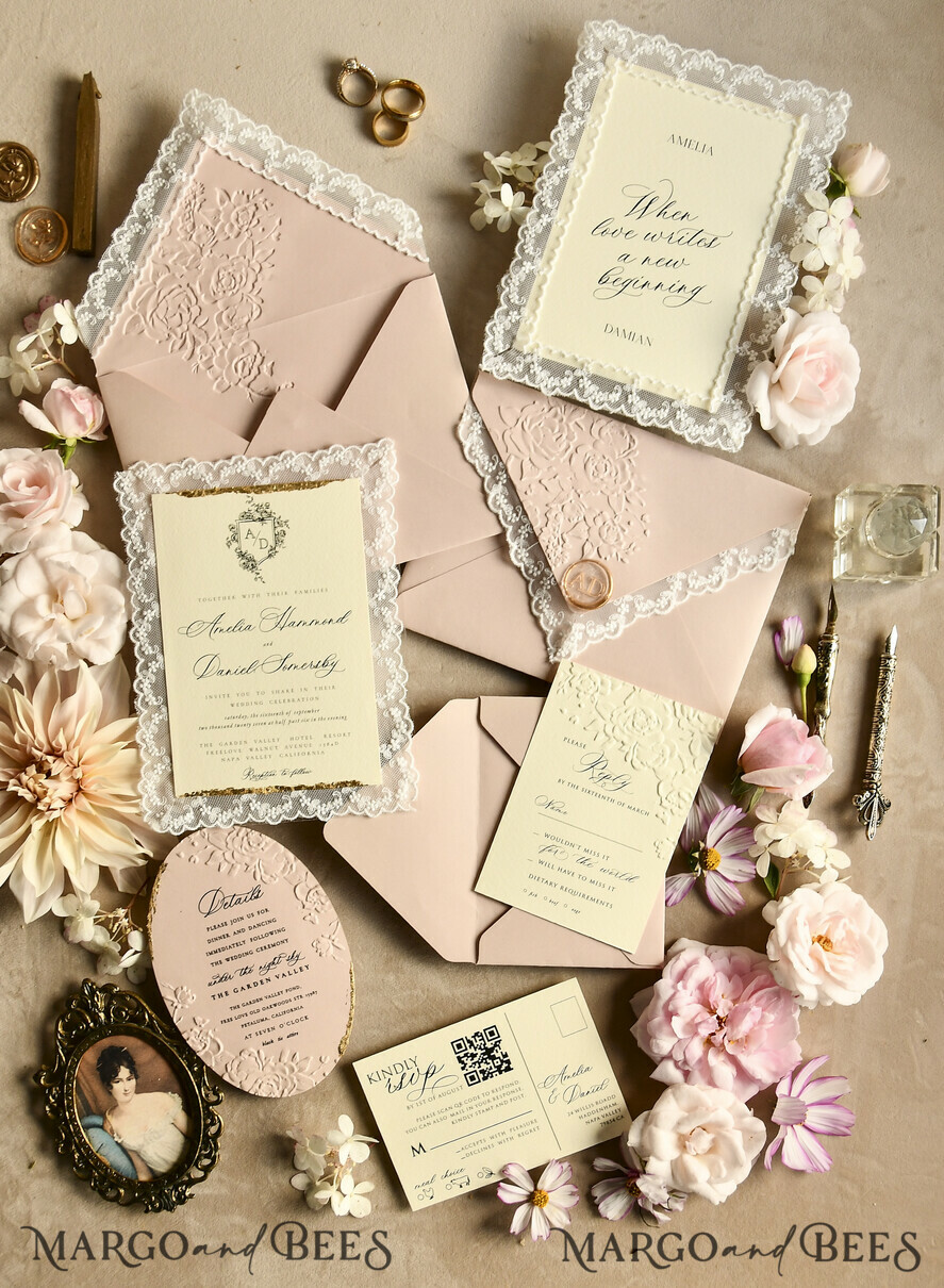 WEDDING INVITATIONS vintage lace/ rustic lace Lace Wedding invitation Embossed Modern Romance