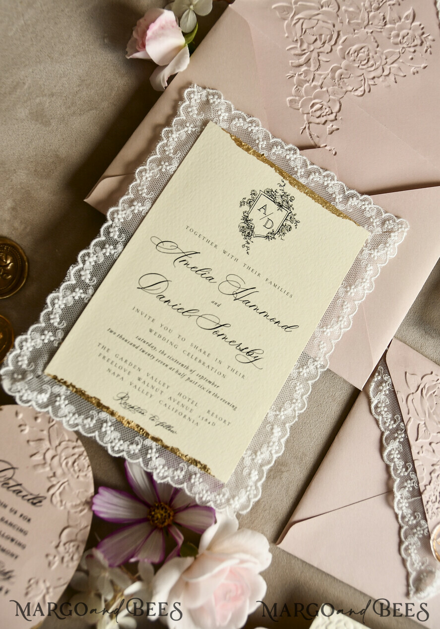 WEDDING INVITATIONS vintage lace/ rustic lace Lace Wedding invitation Embossed Modern Romance
