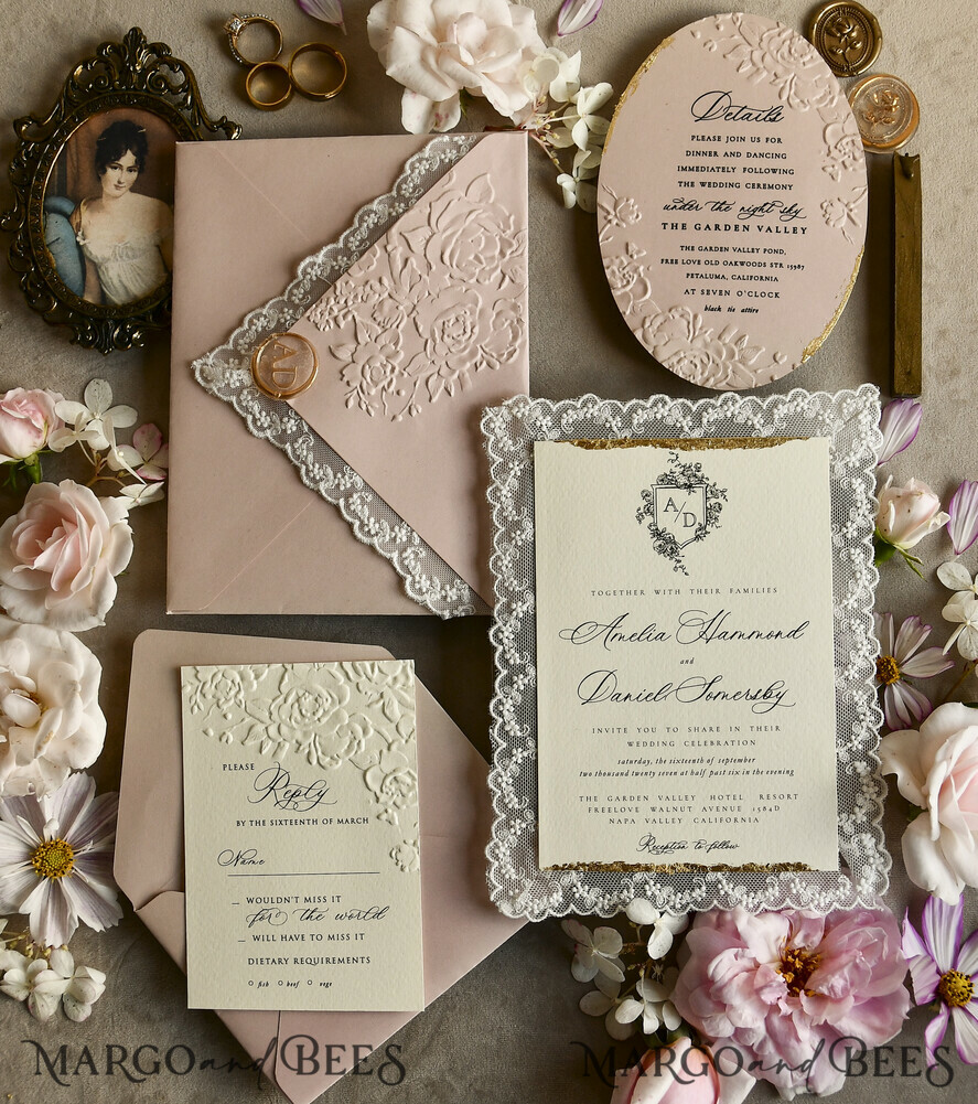 WEDDING INVITATIONS vintage lace/ rustic lace Lace Wedding invitation Embossed Modern Romance