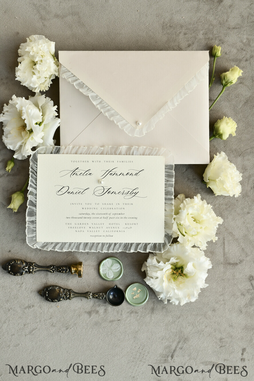 WEDDING INVITATIONS vintage lace/ rustic lace Personalized Golden Wedding invitations Vintage Lace Invites Ivory