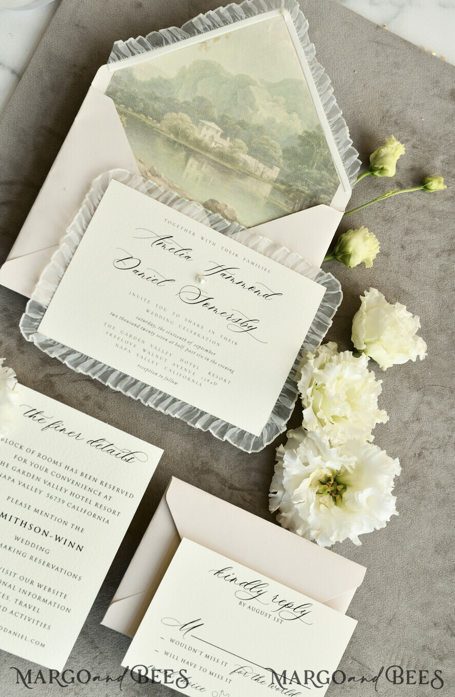 WEDDING INVITATIONS vintage lace/ rustic lace Personalized Golden Wedding invitations Vintage Lace Invites Ivory