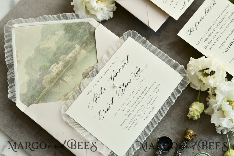 WEDDING INVITATIONS vintage lace/ rustic lace Personalized Golden Wedding invitations Vintage Lace Invites Ivory