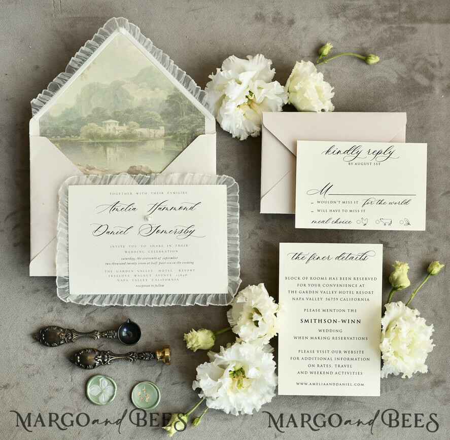 WEDDING INVITATIONS vintage lace/ rustic lace Personalized Golden Wedding invitations Vintage Lace Invites Ivory