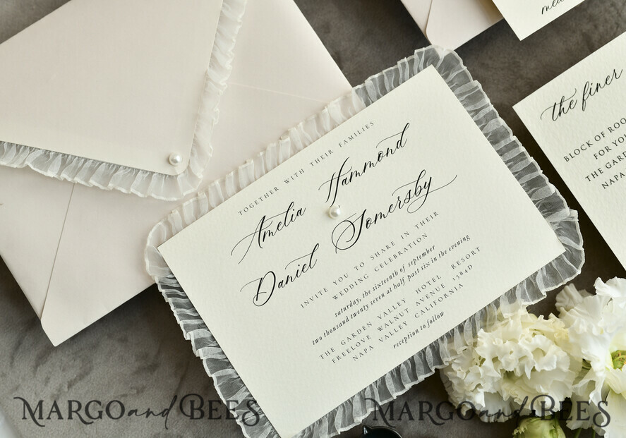 WEDDING INVITATIONS vintage lace/ rustic lace Personalized Golden Wedding invitations Vintage Lace Invites Ivory