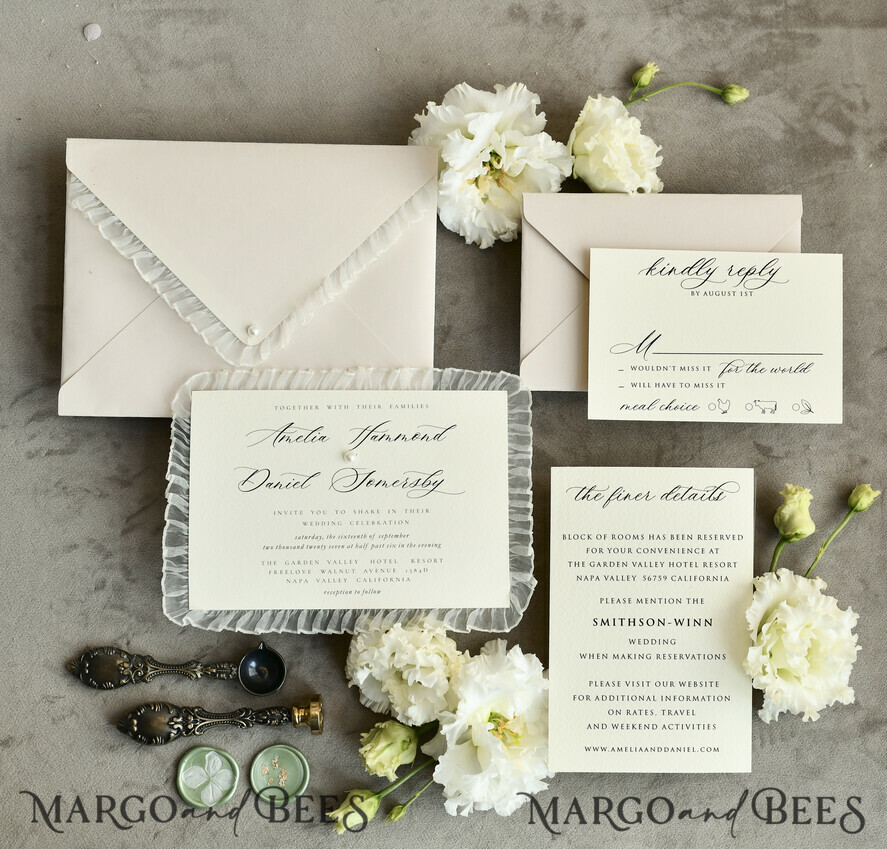 WEDDING INVITATIONS vintage lace/ rustic lace Personalized Golden Wedding invitations Vintage Lace Invites Ivory