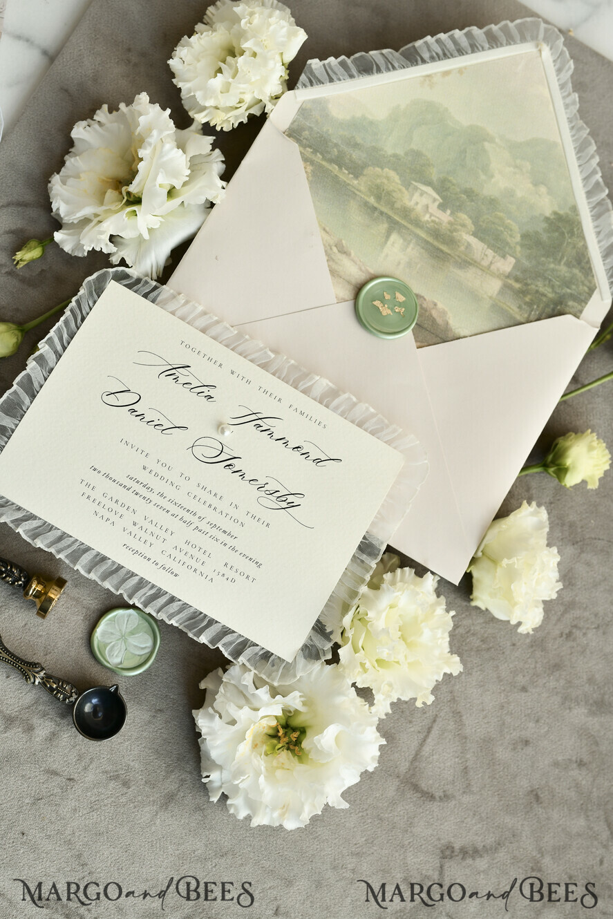 WEDDING INVITATIONS vintage lace/ rustic lace Personalized Golden Wedding invitations Vintage Lace Invites Ivory