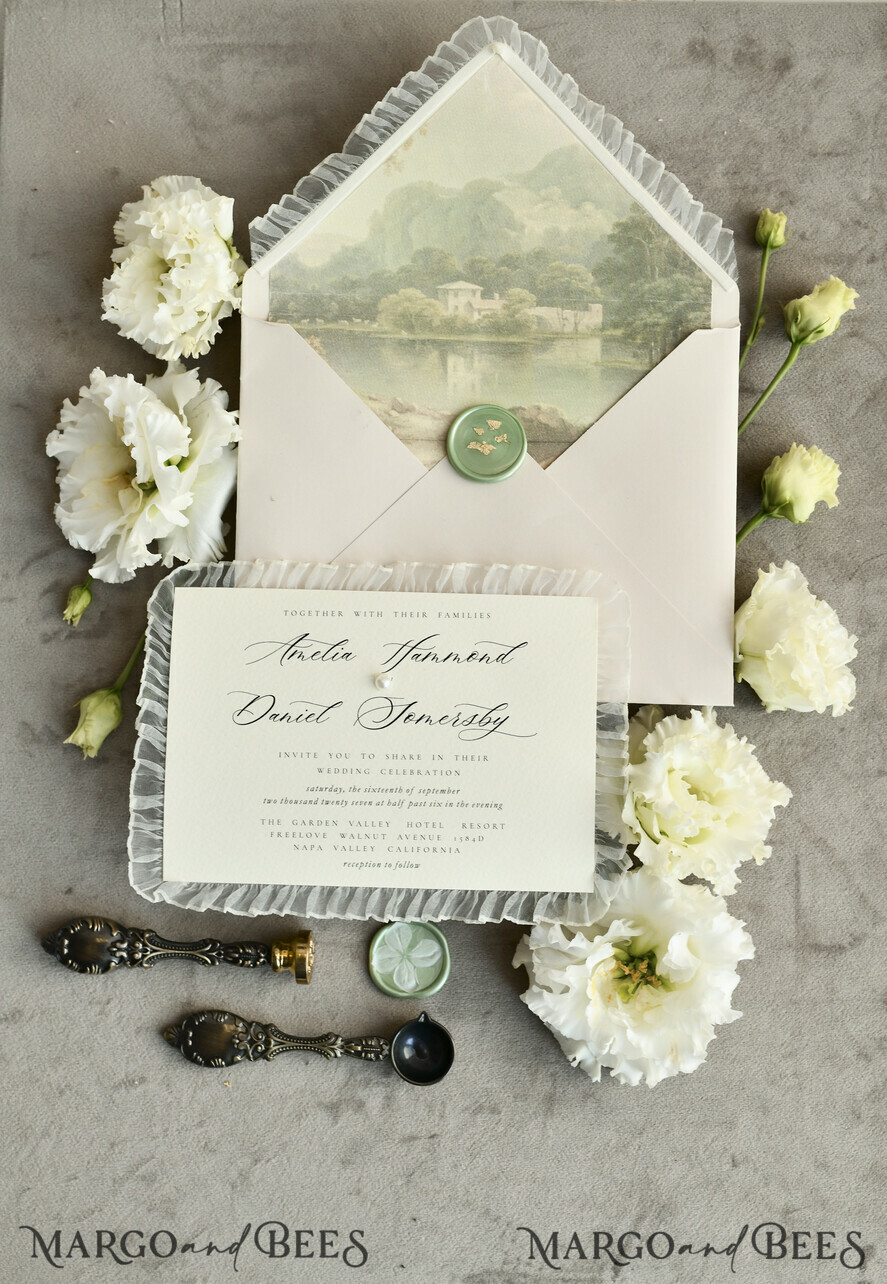 WEDDING INVITATIONS vintage lace/ rustic lace Personalized Golden Wedding invitations Vintage Lace Invites Ivory