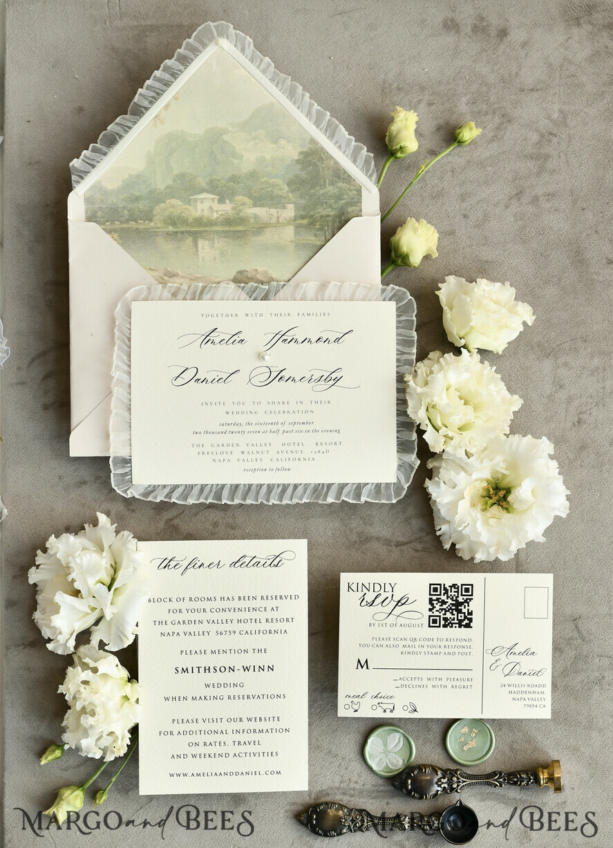 WEDDING INVITATIONS vintage lace/ rustic lace Personalized Golden Wedding invitations Vintage Lace Invites Ivory