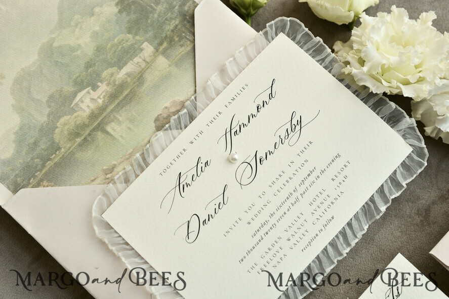 WEDDING INVITATIONS vintage lace/ rustic lace Personalized Golden Wedding invitations Vintage Lace Invites Ivory