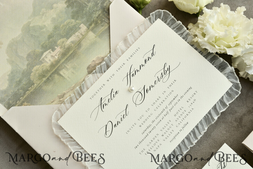WEDDING INVITATIONS vintage lace/ rustic lace Personalized ivory Wedding invitations Vintage Lace Invites Sage green 