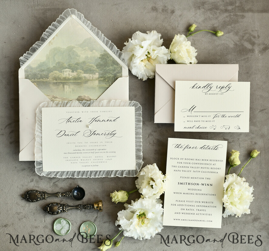 WEDDING INVITATIONS vintage lace/ rustic lace Personalized ivory Wedding invitations Vintage Lace Invites Sage green 