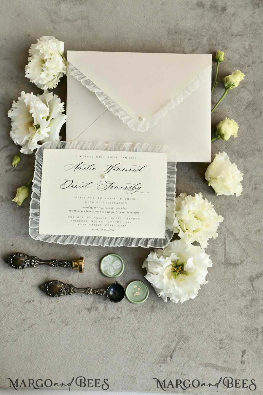 WEDDING INVITATIONS vintage lace/ rustic lace Personalized ivory Wedding invitations Vintage Lace Invites Sage green 