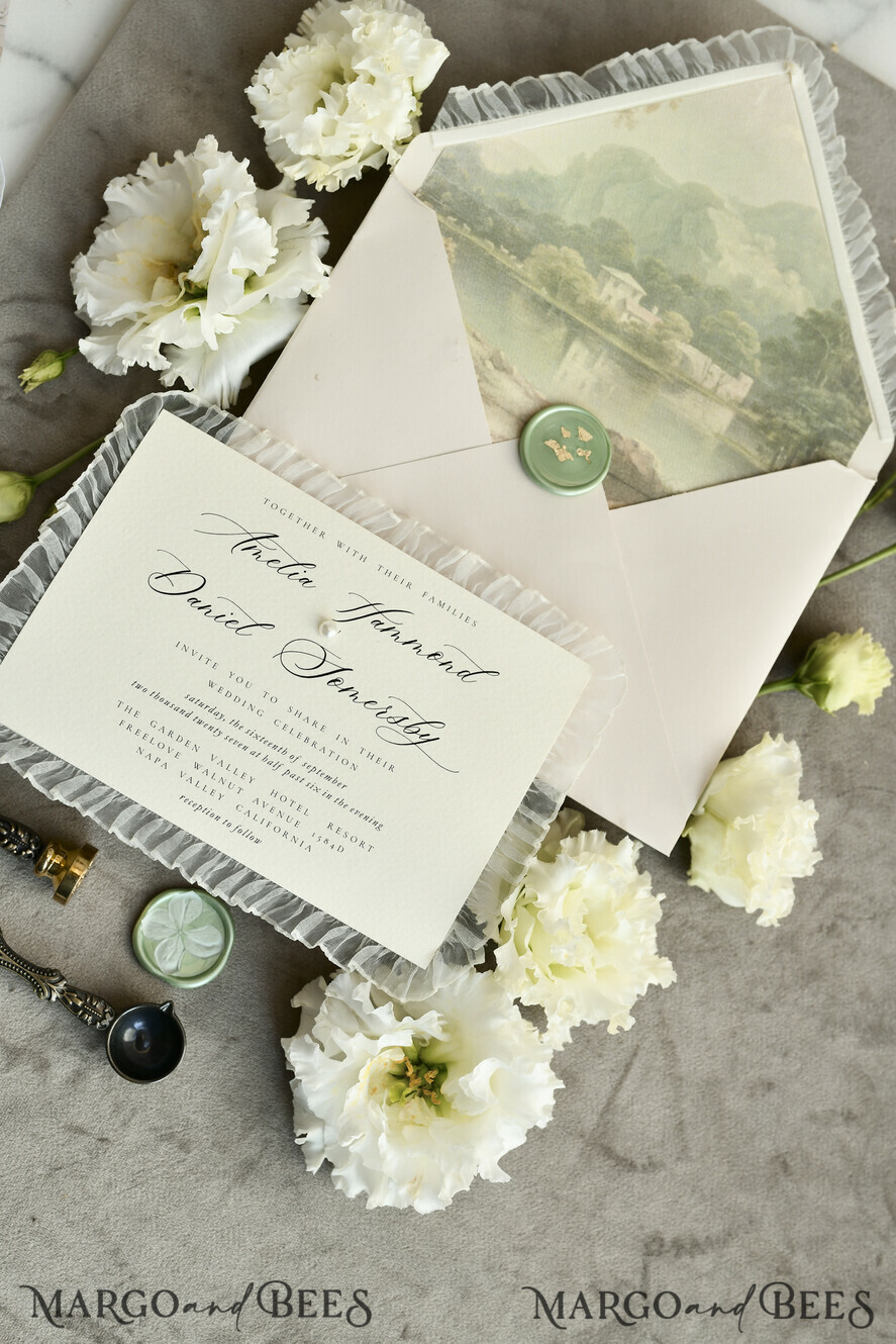 WEDDING INVITATIONS vintage lace/ rustic lace Personalized ivory Wedding invitations Vintage Lace Invites Sage green 
