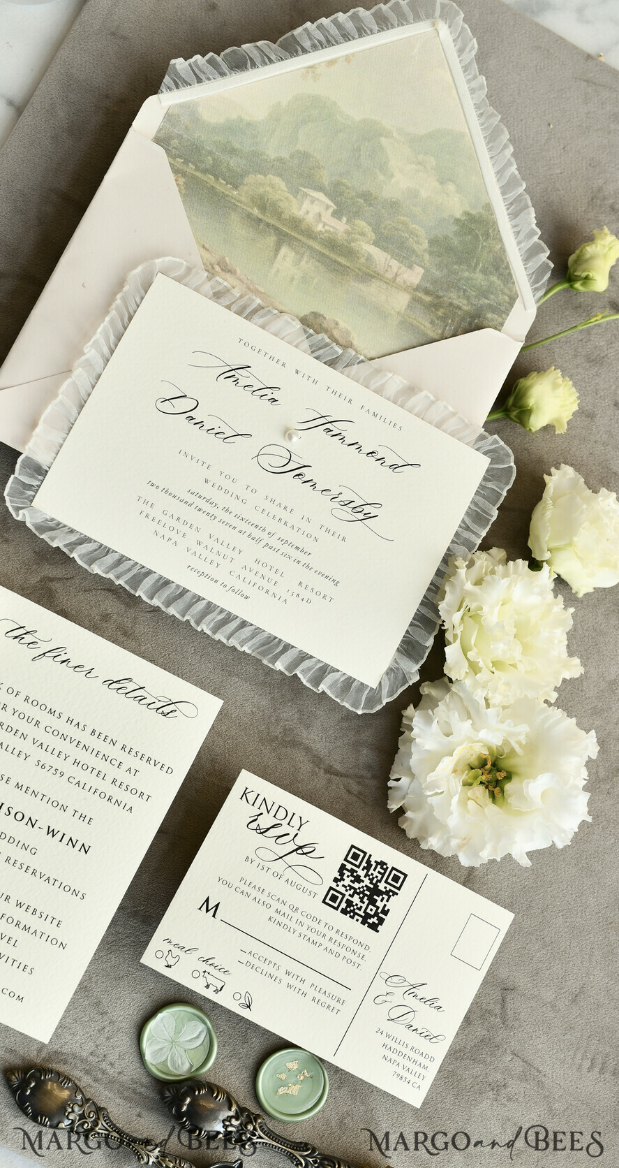 WEDDING INVITATIONS vintage lace/ rustic lace Personalized ivory Wedding invitations Vintage Lace Invites Sage green 