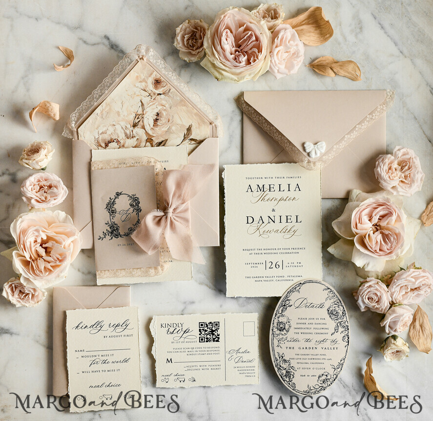 WEDDING INVITATIONS vintage lace/ rustic lace Personalized Golden Wedding invitations Vintage Lace Invites Beige