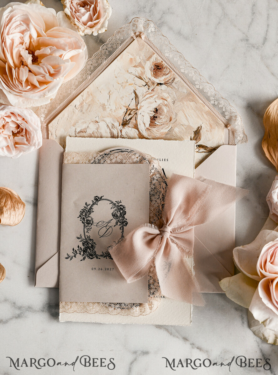 WEDDING INVITATIONS vintage lace/ rustic lace Personalized Golden Wedding invitations Vintage Lace Invites Beige