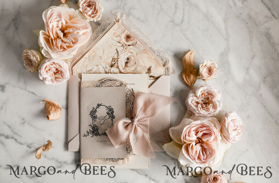 WEDDING INVITATIONS vintage lace/ rustic lace Personalized Golden Wedding invitations Vintage Lace Invites Beige