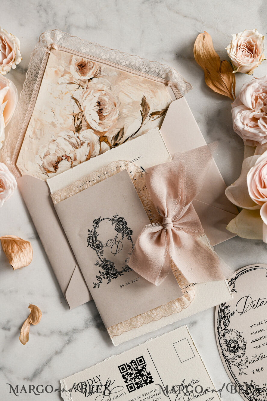 WEDDING INVITATIONS vintage lace/ rustic lace Personalized Golden Wedding invitations Vintage Lace Invites Beige