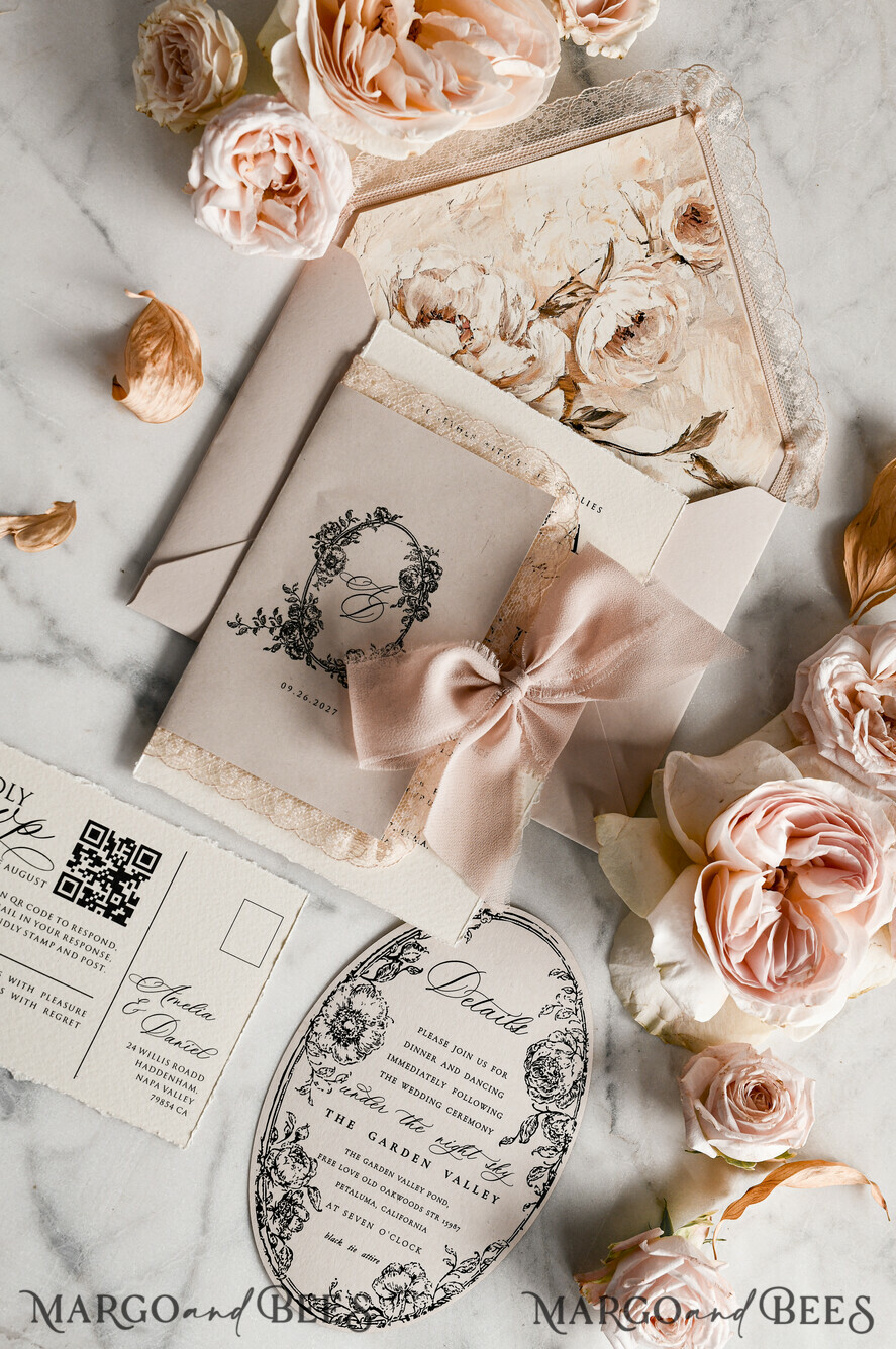 WEDDING INVITATIONS vintage lace/ rustic lace Personalized Golden Wedding invitations Vintage Lace Invites Beige