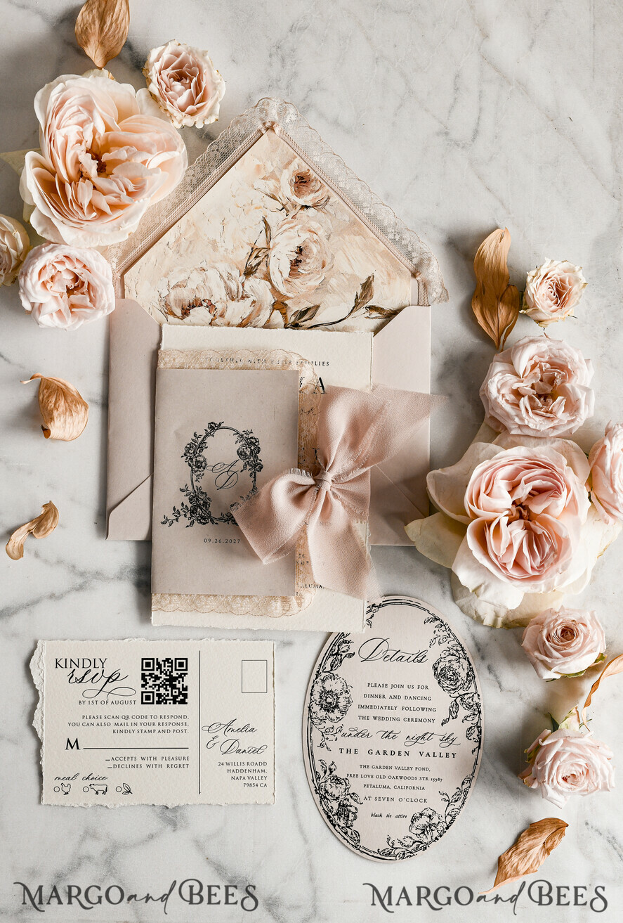 WEDDING INVITATIONS vintage lace/ rustic lace Personalized Golden Wedding invitations Vintage Lace Invites Beige