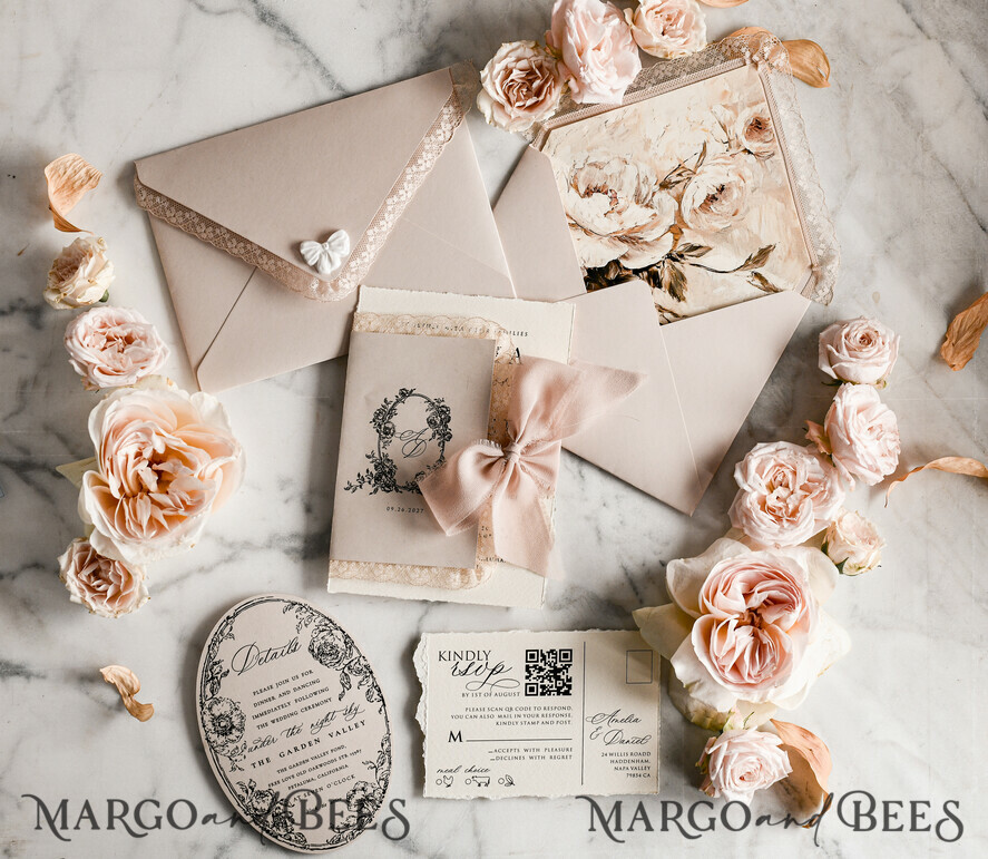 WEDDING INVITATIONS vintage lace/ rustic lace Personalized Golden Wedding invitations Vintage Lace Invites Beige