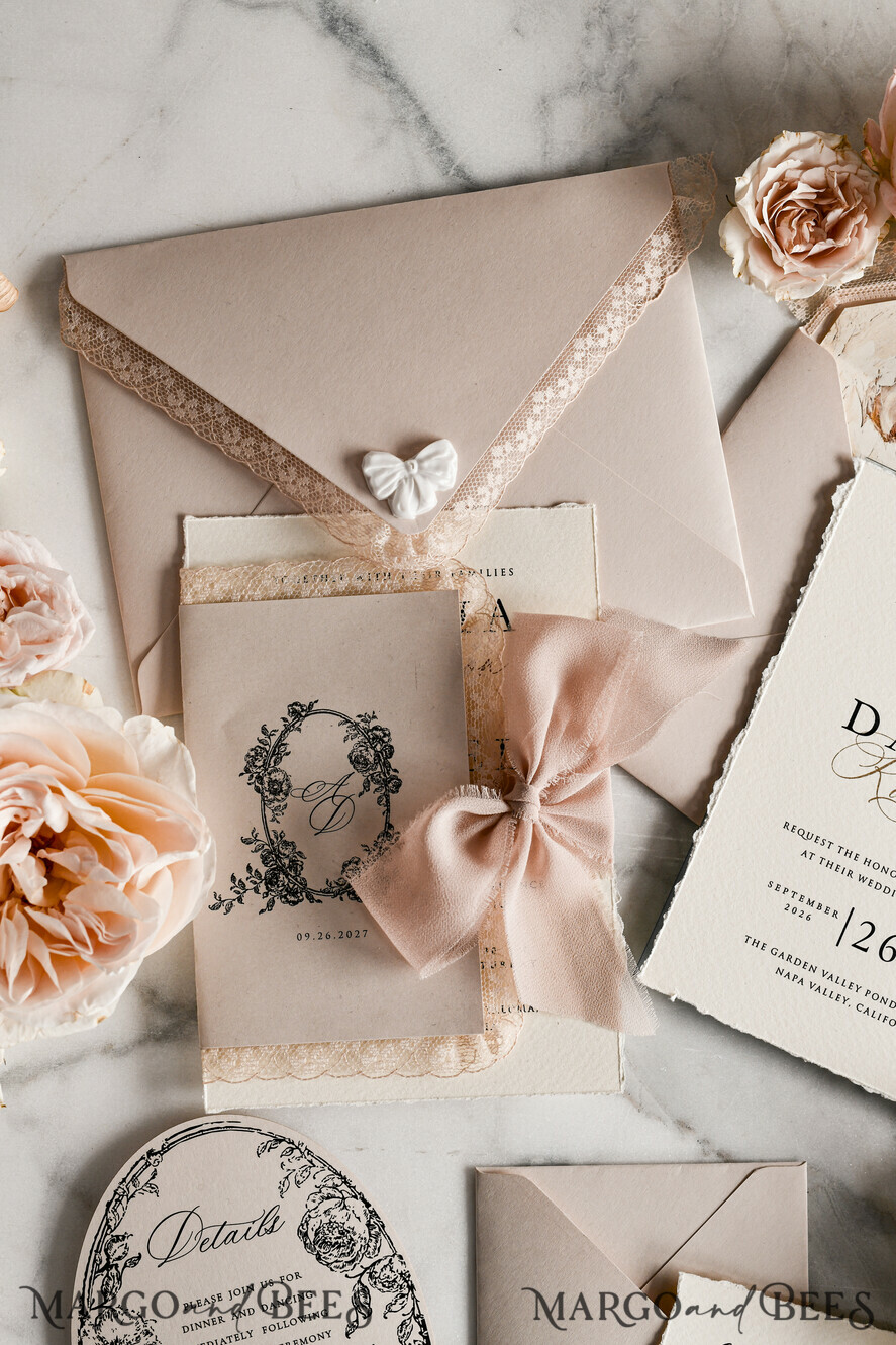 WEDDING INVITATIONS vintage lace/ rustic lace Personalized Golden Wedding invitations Vintage Lace Invites Beige