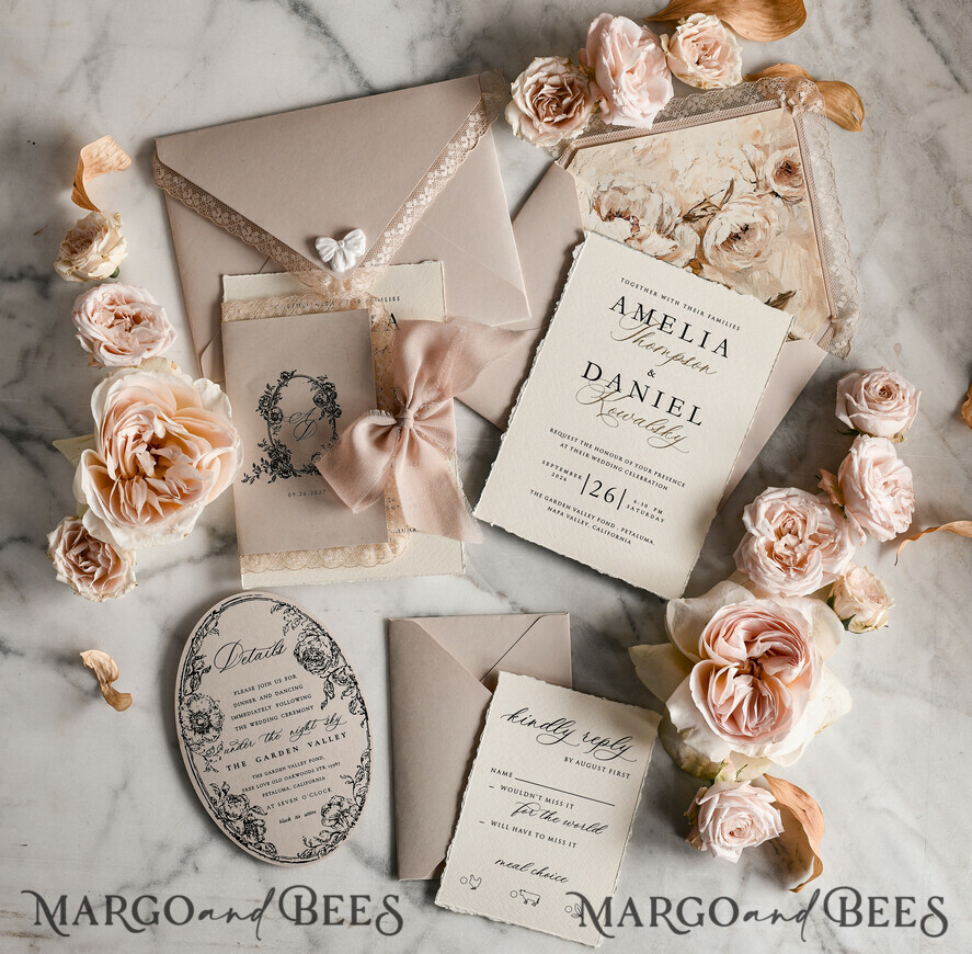 WEDDING INVITATIONS vintage lace/ rustic lace Personalized Golden Wedding invitations Vintage Lace Invites Beige