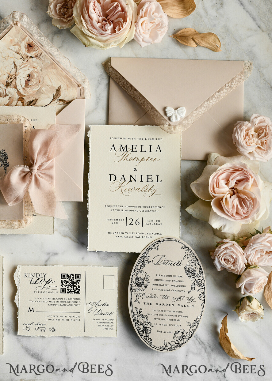 WEDDING INVITATIONS vintage lace/ rustic lace Personalized Golden Wedding invitations Vintage Lace Invites Beige