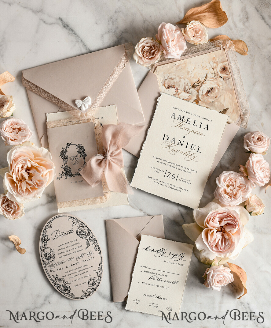WEDDING INVITATIONS vintage lace/ rustic lace Personalized Golden Wedding invitations Vintage Lace Invites Beige