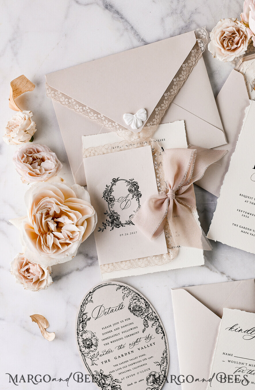 WEDDING INVITATIONS vintage lace/ rustic lace Personalized Golden Wedding invitations Vintage Lace Invites Beige