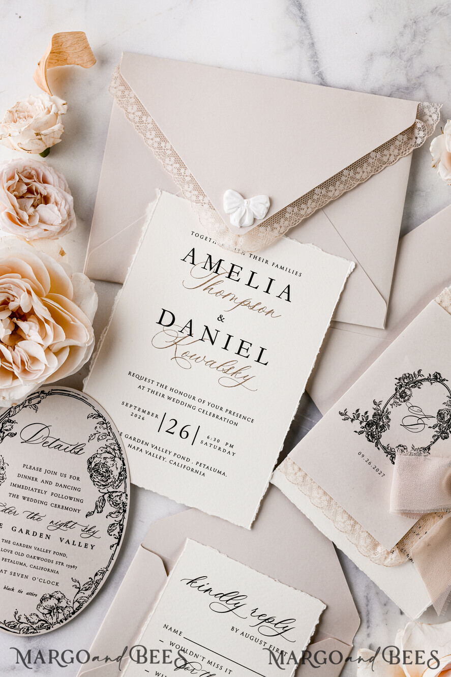 WEDDING INVITATIONS vintage lace/ rustic lace Personalized Golden Wedding invitations Vintage Lace Invites Beige