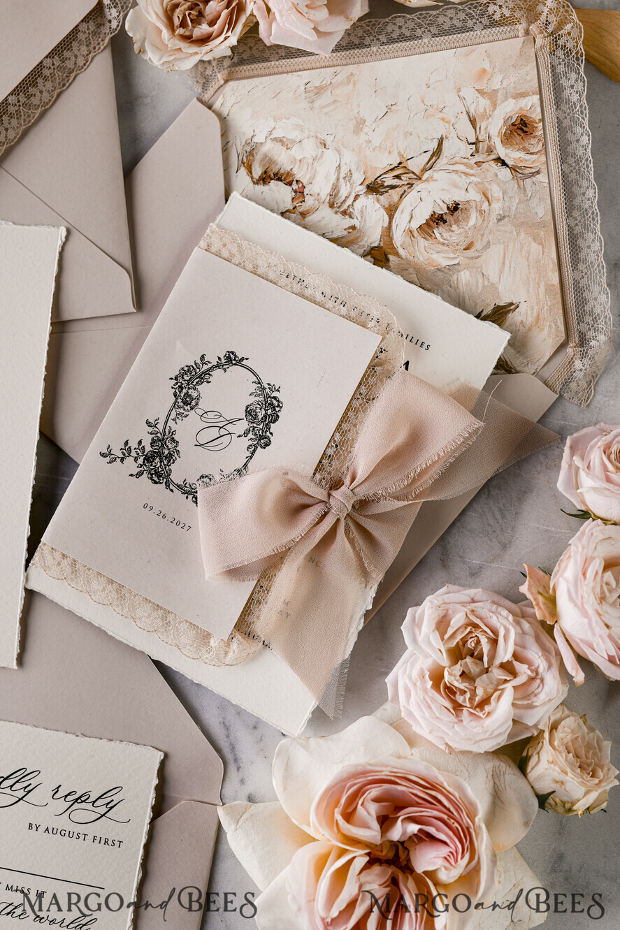 WEDDING INVITATIONS vintage lace/ rustic lace Personalized Golden Wedding invitations Vintage Lace Invites Beige