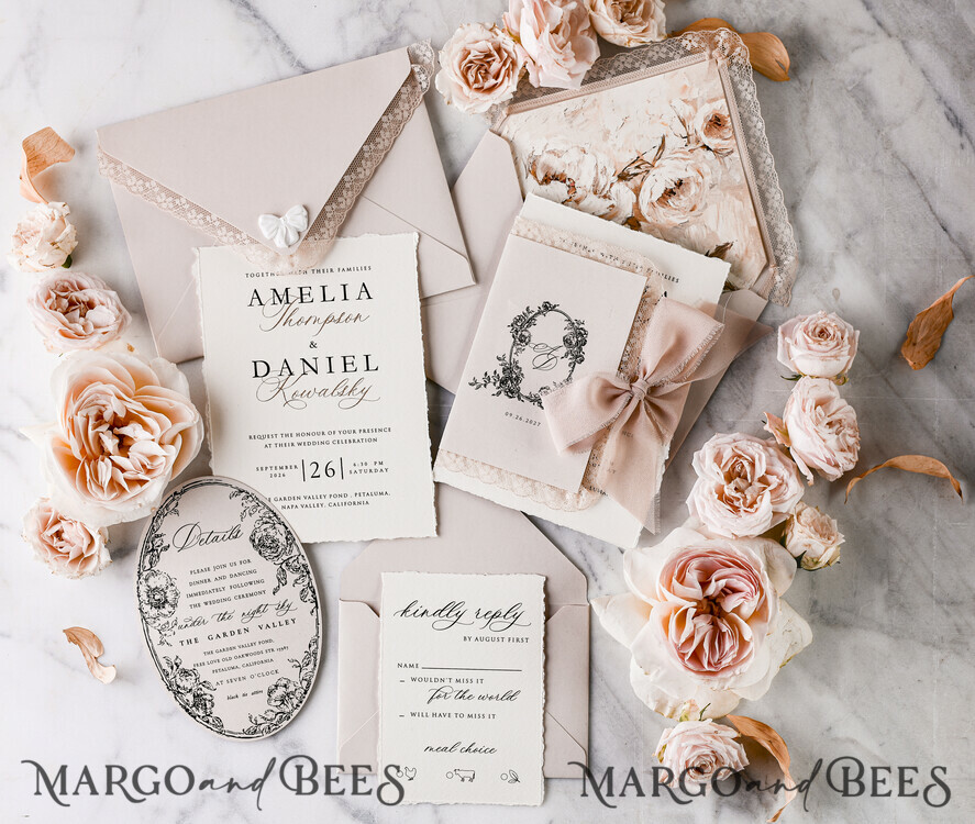 WEDDING INVITATIONS vintage lace/ rustic lace Personalized Golden Wedding invitations Vintage Lace Invites Beige