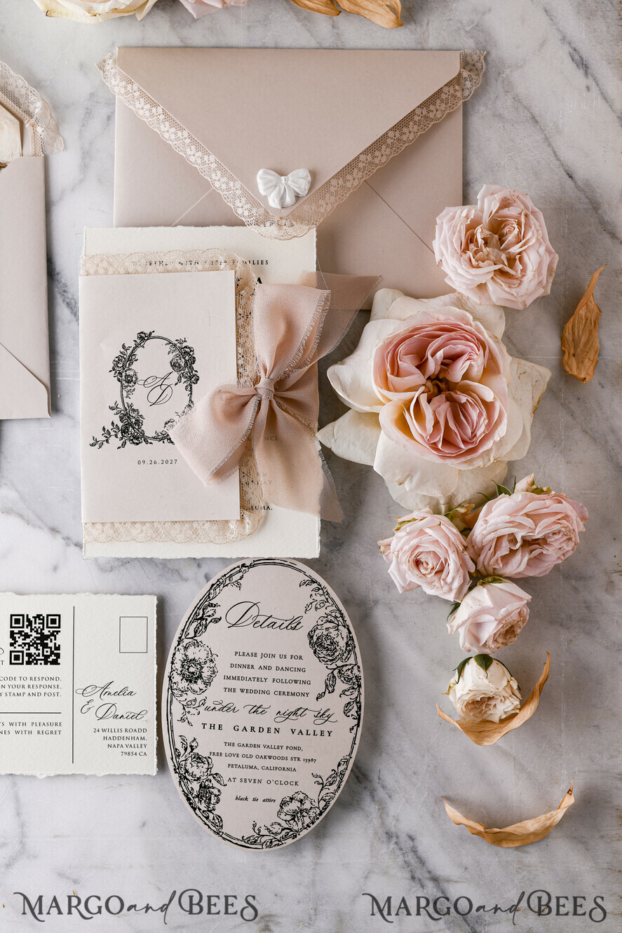 WEDDING INVITATIONS vintage lace/ rustic lace Personalized Golden Wedding invitations Vintage Lace Invites Beige