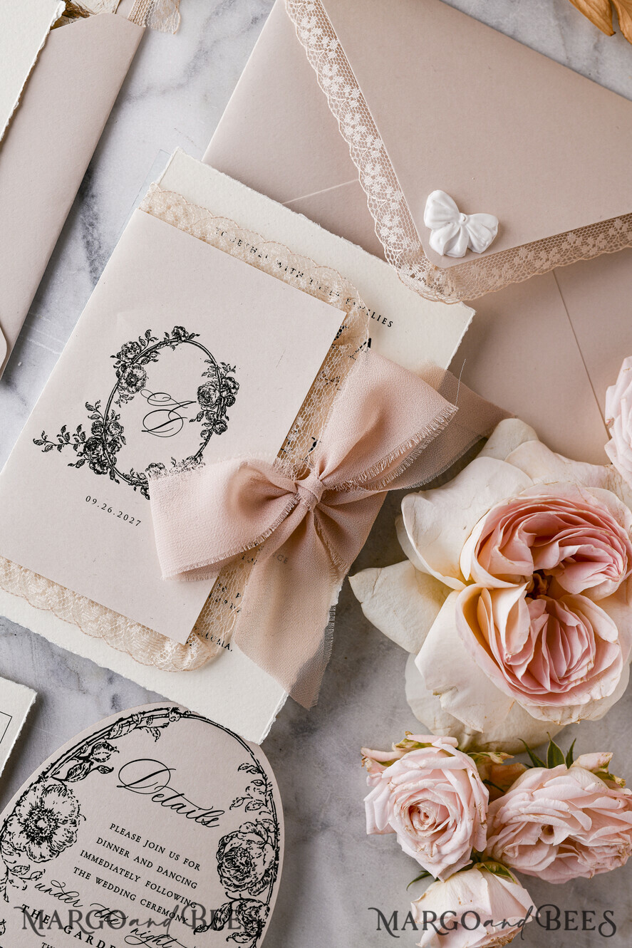 WEDDING INVITATIONS vintage lace/ rustic lace Personalized Golden Wedding invitations Vintage Lace Invites Beige